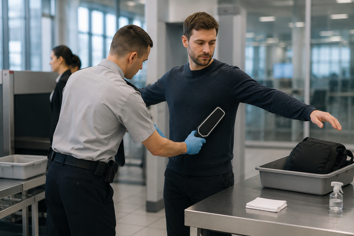 Bezpečnostní pracovník provádí ruční kontrolu cestujícího detektorem