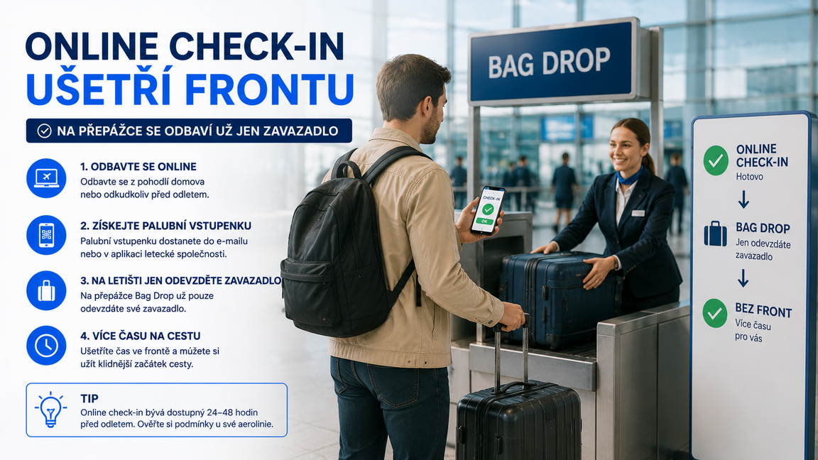 Online check-in ušetří frontu, na přepážce se odbaví už jen zavazadlo.