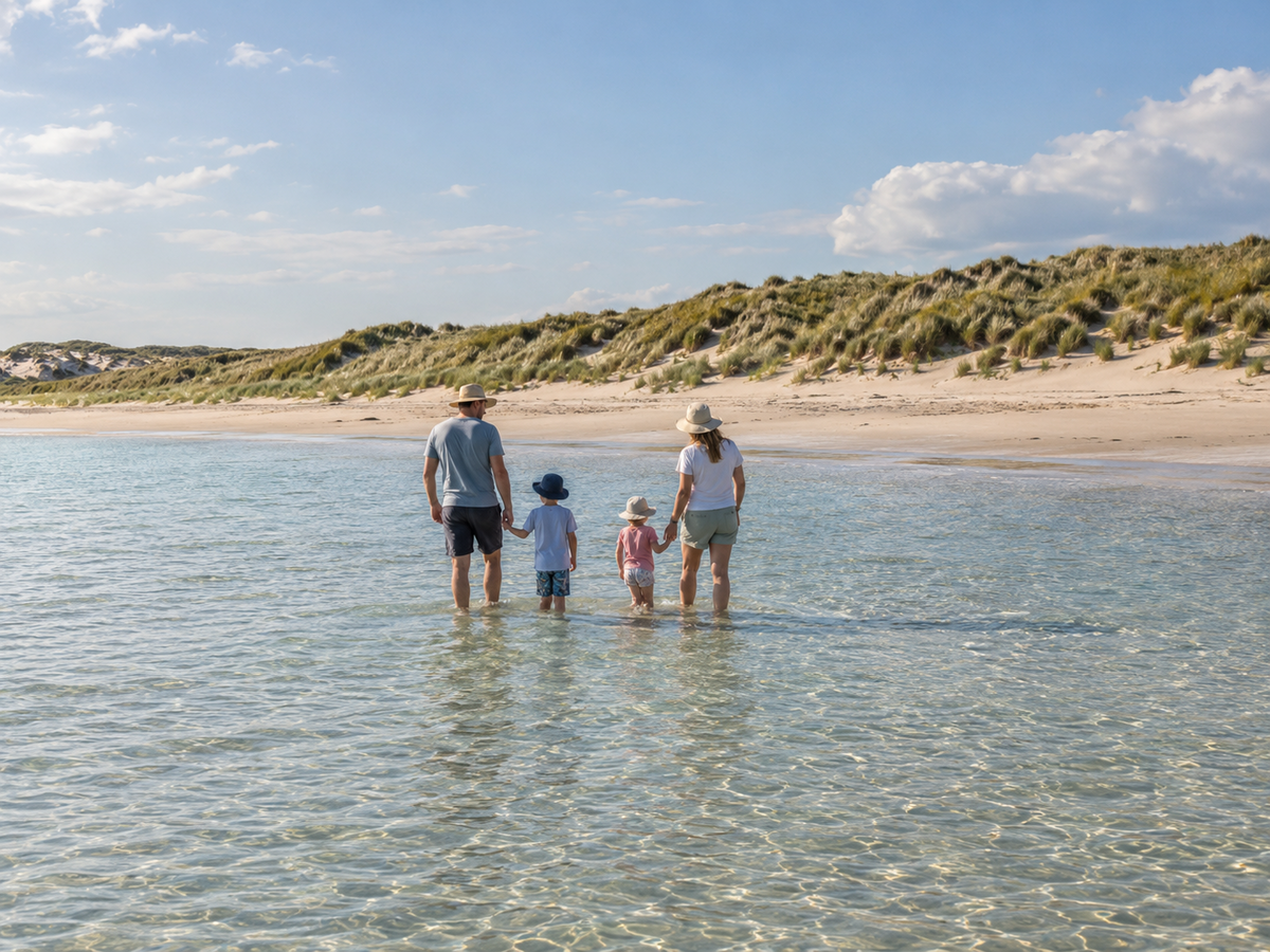 Parents and two children stand in calm clear water of a shallow bay, the water just below their knees, sand dunes with grass rising beyond the beach.