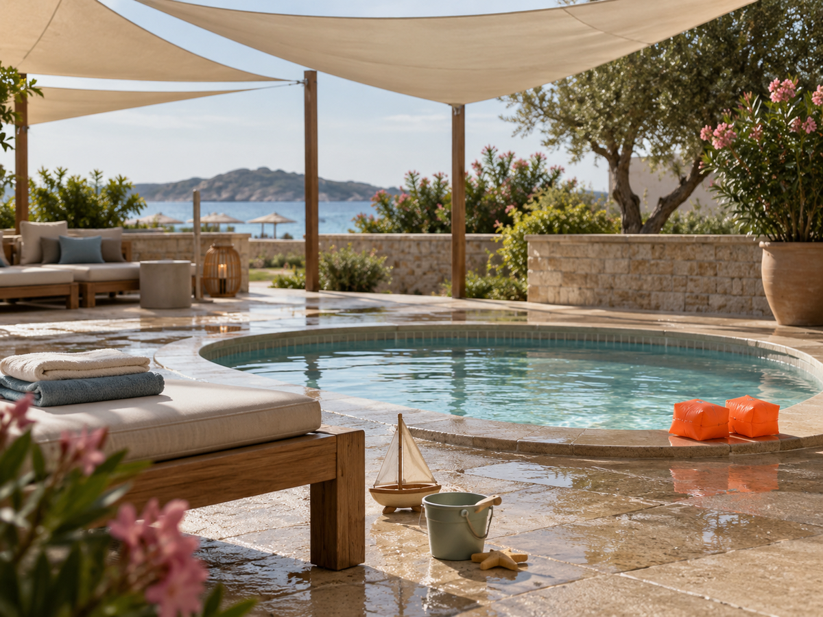 Low children's paddling pool in the shade of sun canopies, orange swim sleeves drying on its edge and folded towels lying on a wooden lounger.