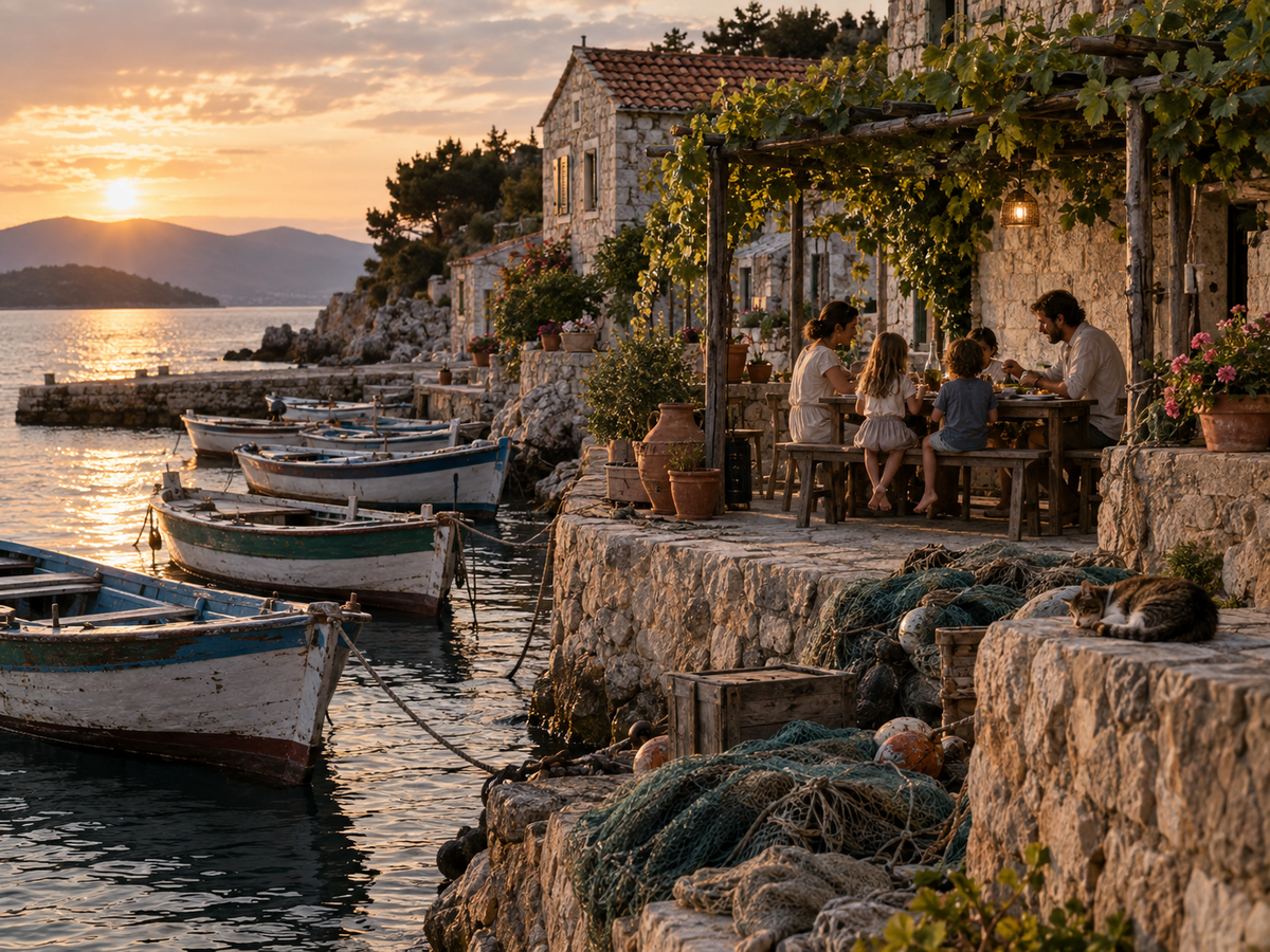 A family having dinner at a simple table under a grapevine on the waterfront of a fishing village, wooden boats moored by the wall.