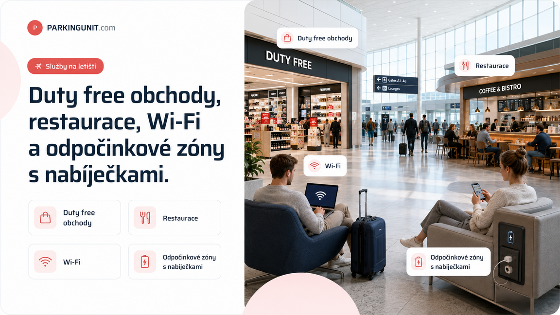 Duty free obchody, restaurace, Wi-Fi a odpočinkové zóny s nabíječkami.