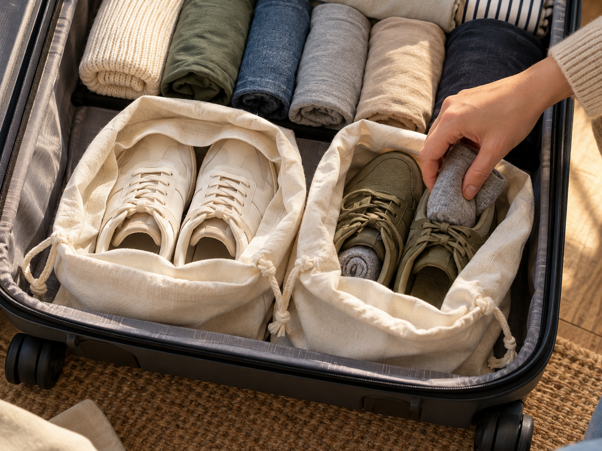 Gros plan sur le bas de la valise près des roulettes : des chaussures dans des pochettes en tissu et des chaussettes roulées glissées à l'intérieur.