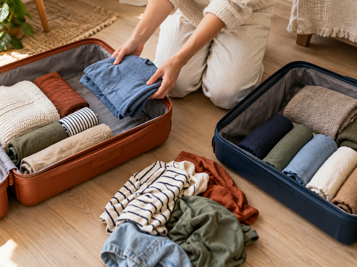 Deux valises ouvertes côte à côte sur le sol ; des mains rangent une chemise bleue pliée dans l'une d'elles, et entre elles attend une pile de vêtements.