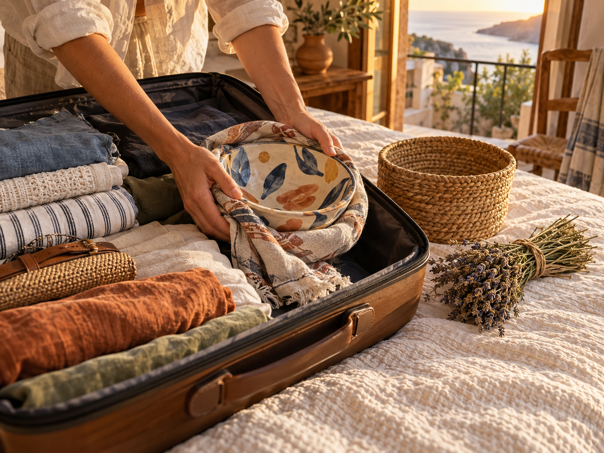Des mains rangent un bol en céramique emballé dans un foulard dans un coin volontairement libre de la valise, pour le trajet de retour.