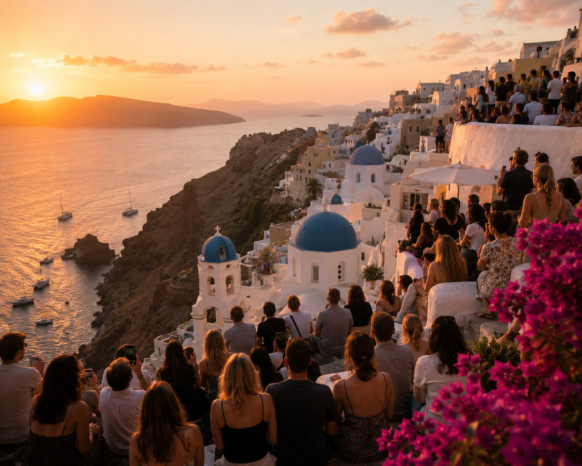 Bílé domy a modré kupole Oie na Santorini při západu slunce, zaplněné terasy s davy návštěvníků nad kalderou.