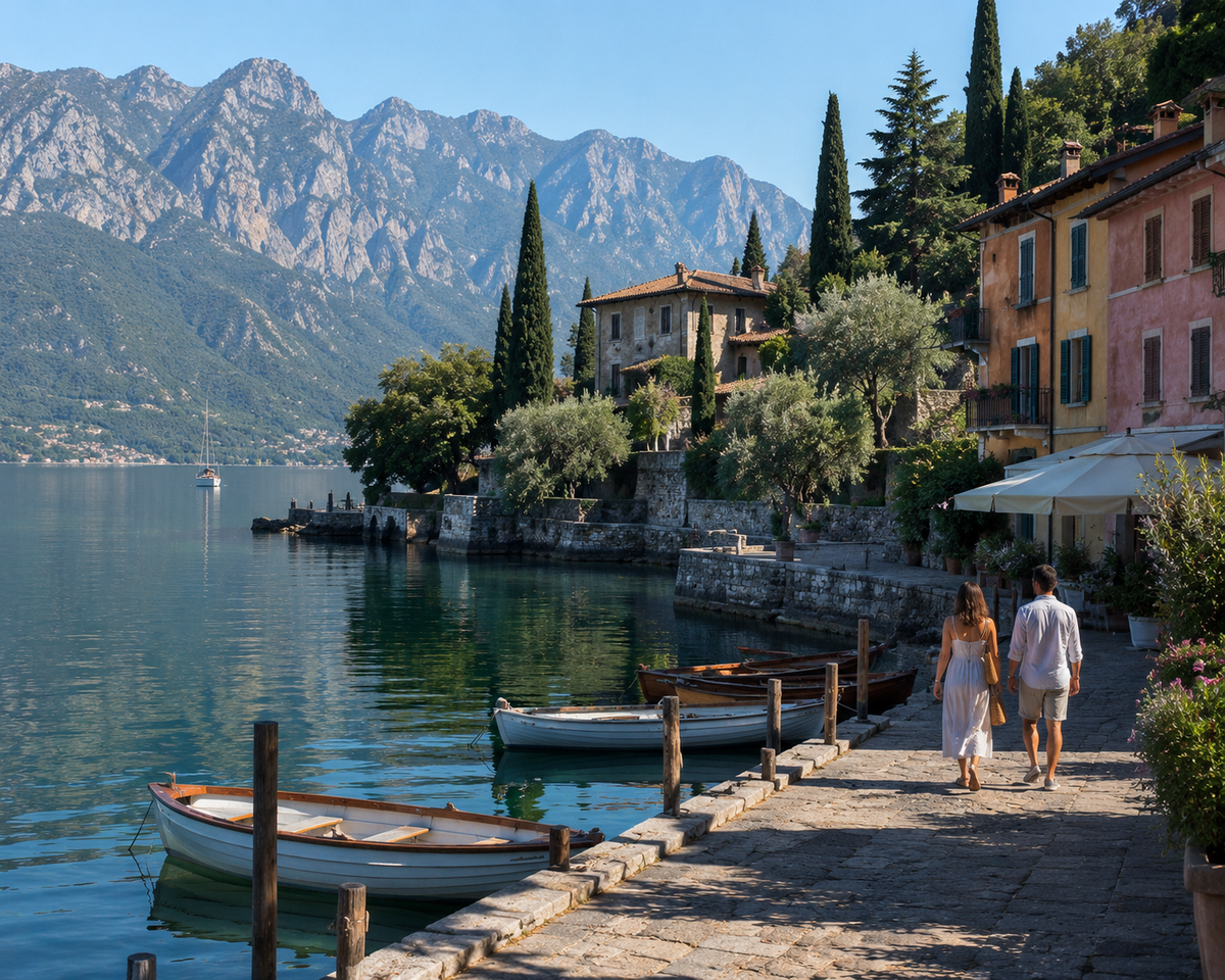 Lago di Garda ráno – barevná zástavba u vody, dřevěné loďky v přístavu a alpské hřebeny v pozadí.
