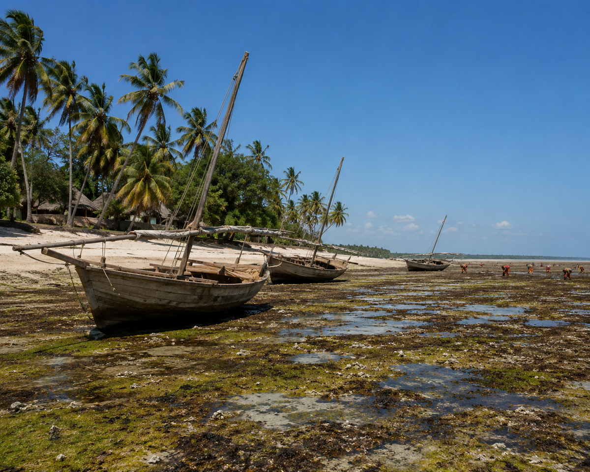 Odliv na východním pobřeží Zanzibaru odkryl bahnitou mělčinu s řasami a uvízlé lodě dhow, v pozadí palmy.