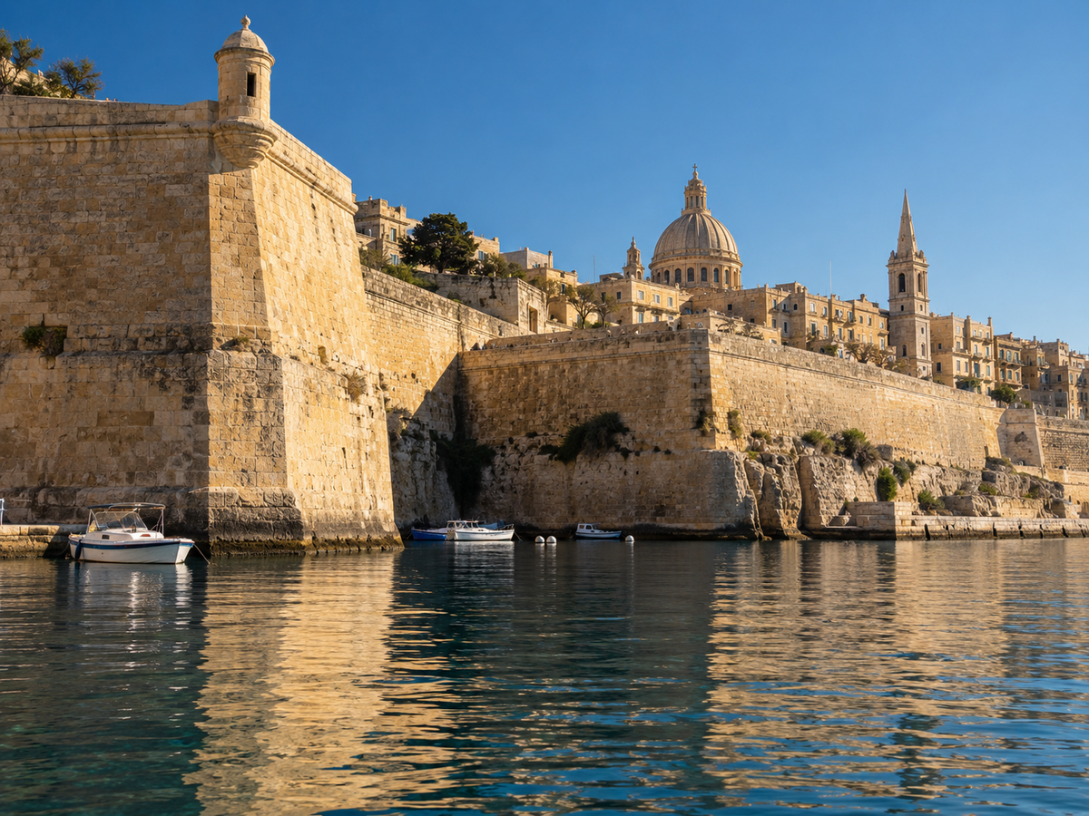 Honningfarvede kalkstensbastioner i Valletta rejser sig i massive blokke direkte op fra den rolige havn.