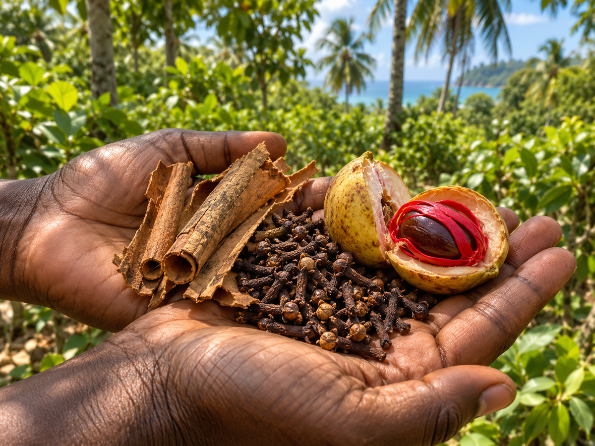 Dlaně na zanzibarské kořenářské farmě drží svitky skořicové kůry, poupata hřebíčku a rozpůlený muškátový oříšek s červeným obalem.