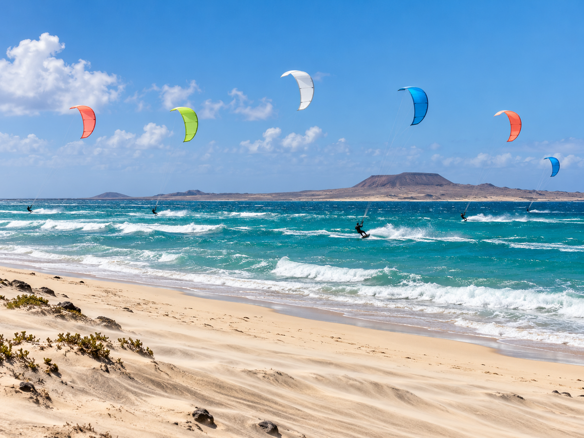 Několik barevných kitů nad zčeřenou tyrkysovou vodou u dlouhé světlé pláže na Kapverdách, v dálce drobné postavy kitesurfařů.