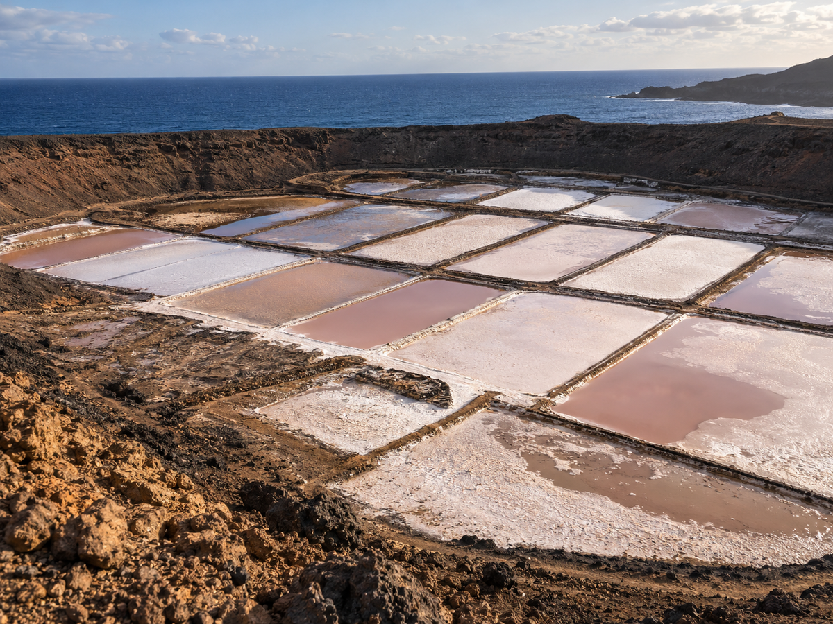 Et geometrisk rutenett av saltbasseng i et grunt vulkansk krater med hvit skorpe og rosa saltlake, og utenfor kanten ligger havet.