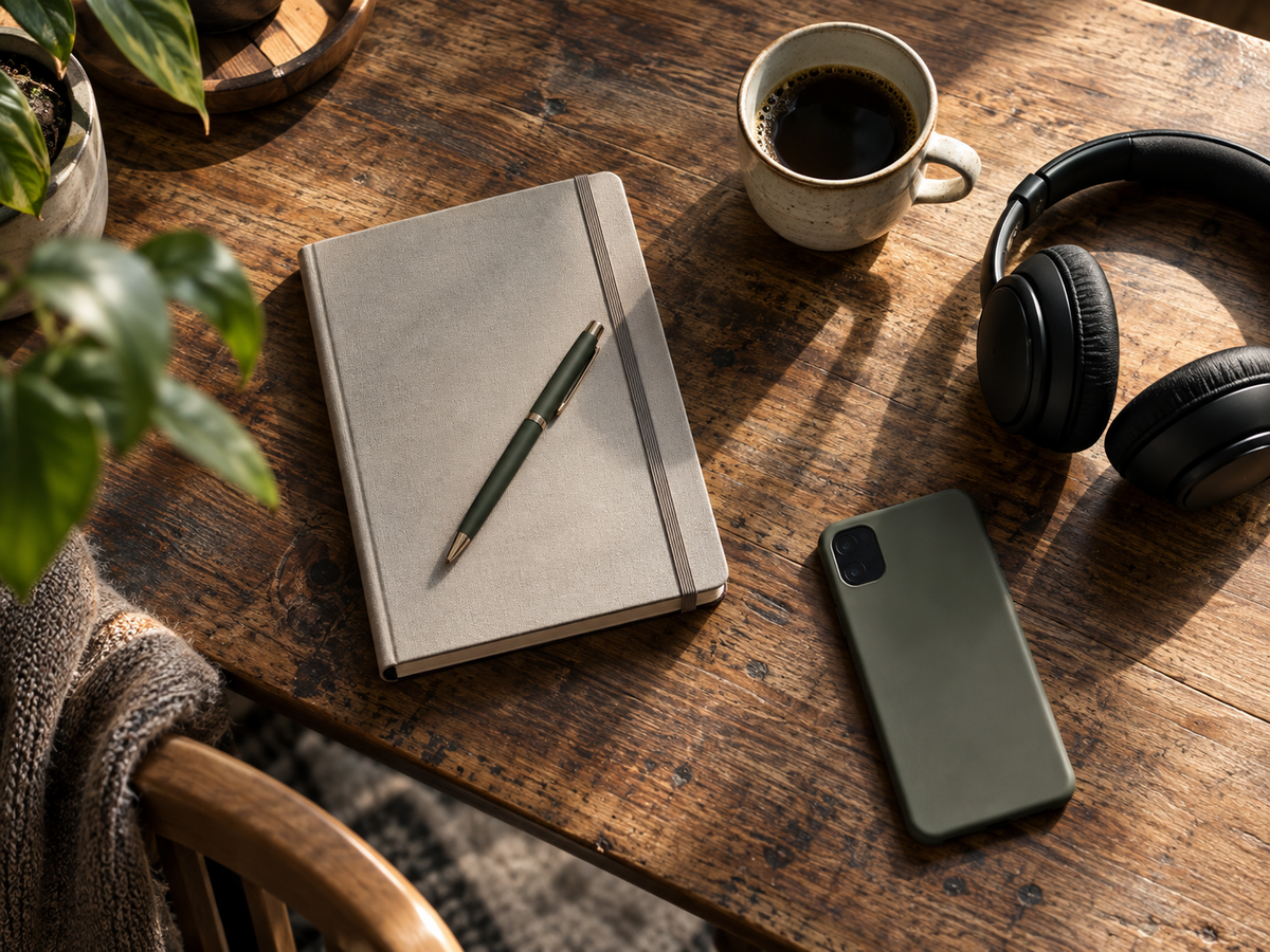 Vista desde arriba de una mesa de madera: un cuaderno gris cerrado con un bolígrafo, una taza de café solo, unos auriculares y un móvil boca abajo.
