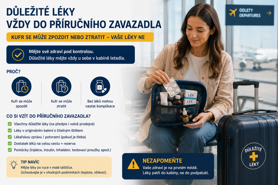 Léky v originálním balení patří do příručního zavazadla, ne do odbaveného kufru.