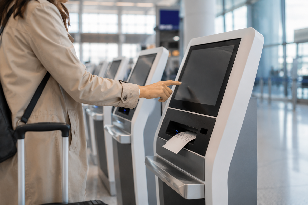 Cestující používá samoobslužný odbavovací kiosek s dotykovou obrazovkou na letišti