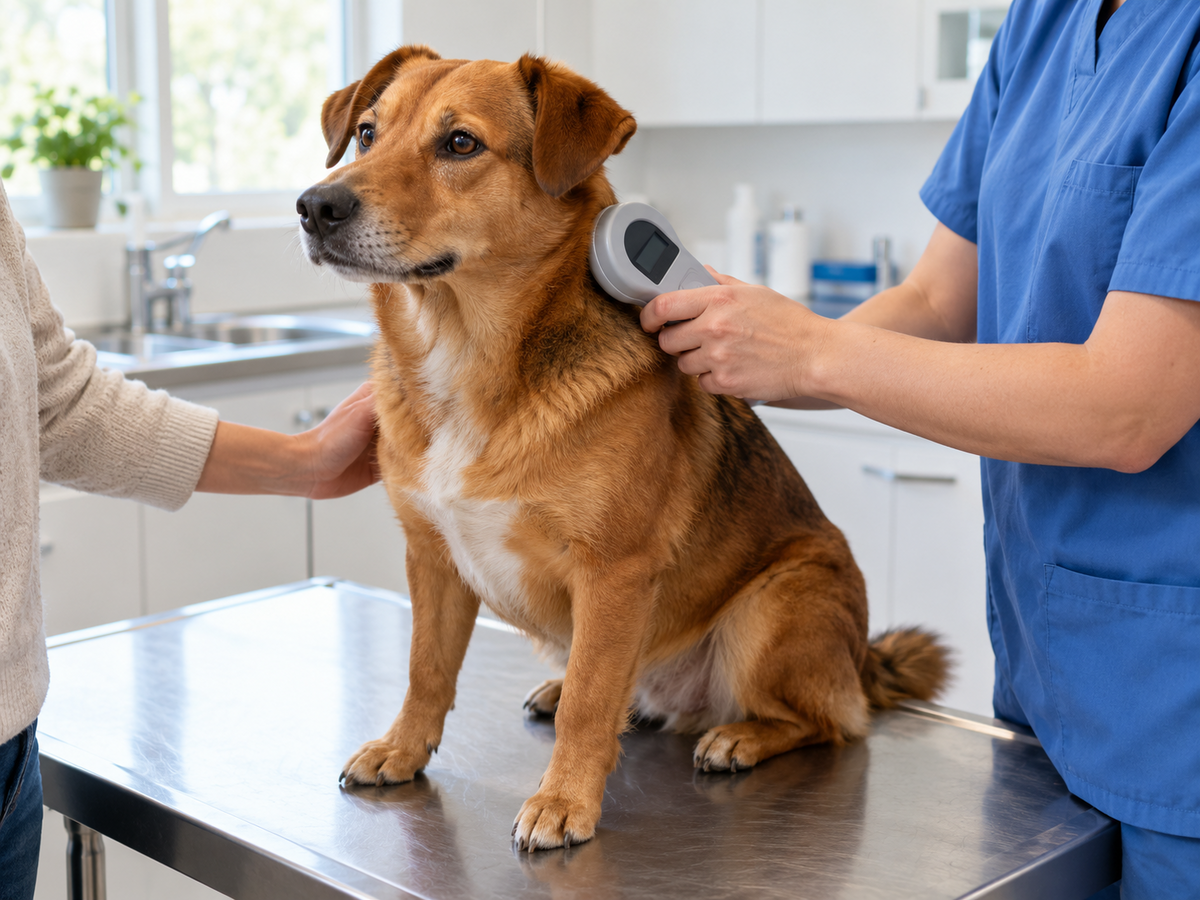Pes klidně sedí na vyšetřovacím stole a veterinářka mu přikládá ke krku za uchem malou čtečku čipu.