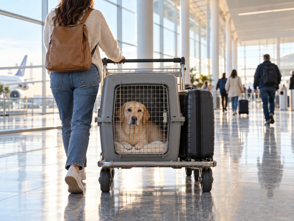 Labrador leží v pevné cestovní přepravce na vozíku, který majitelka tlačí prosklenou letištní halou spolu s kufrem.