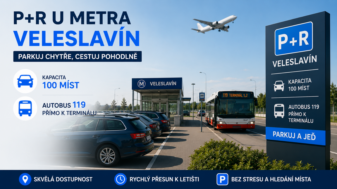 P+R u metra Veleslavín – kapacita 100 míst, autobus 119 přímo k terminálu.