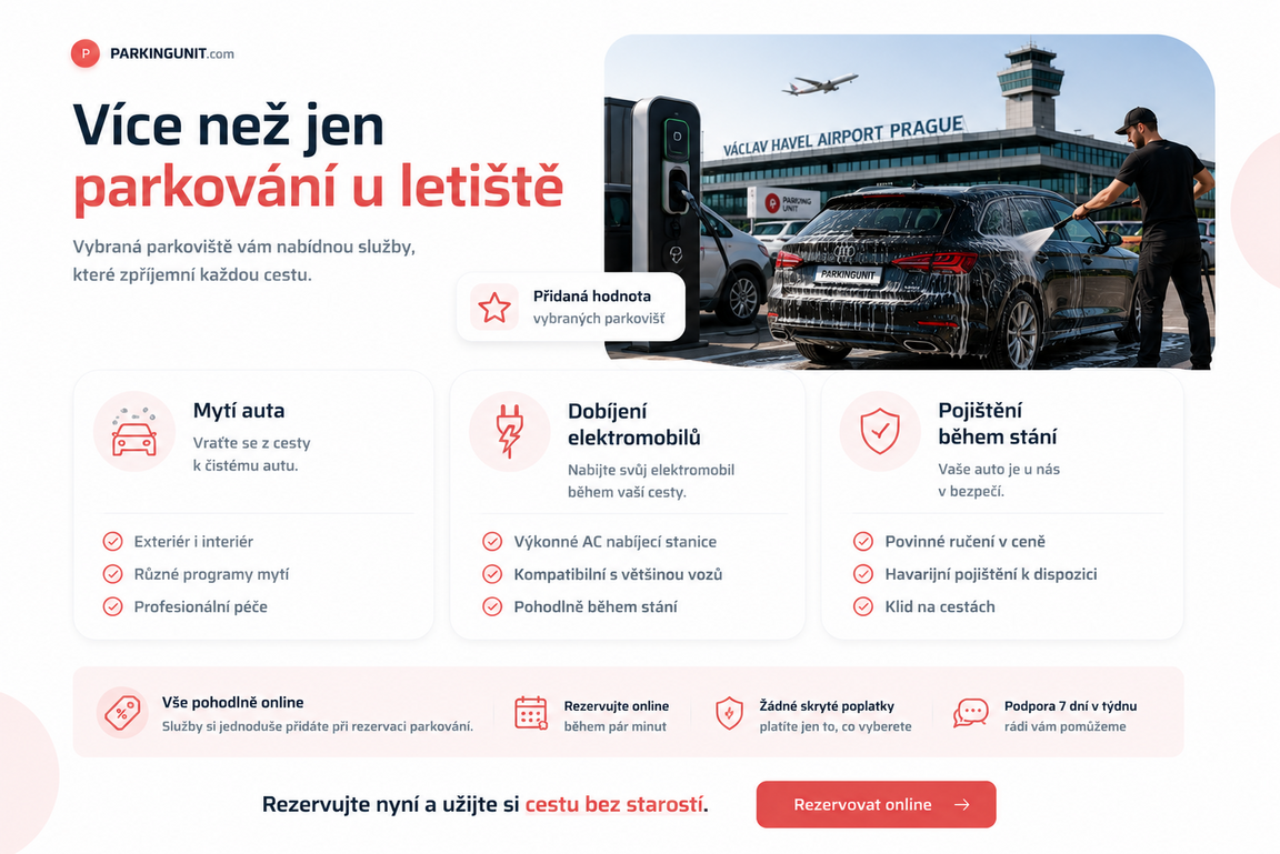 Mytí auta, dobíjení elektromobilů a pojištění během stání – přidaná hodnota vybraných parkovišť.