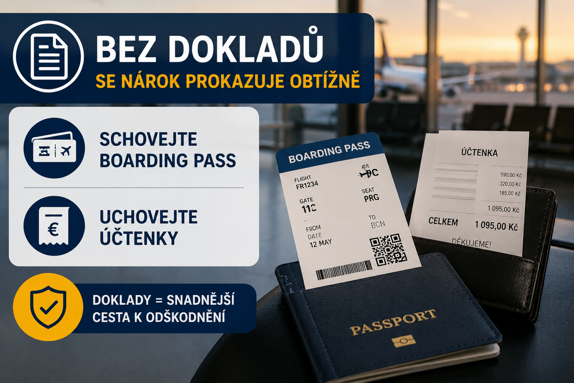 Boarding pass, číslo letu a účtenky – podklady pro žádost o kompenzaci.