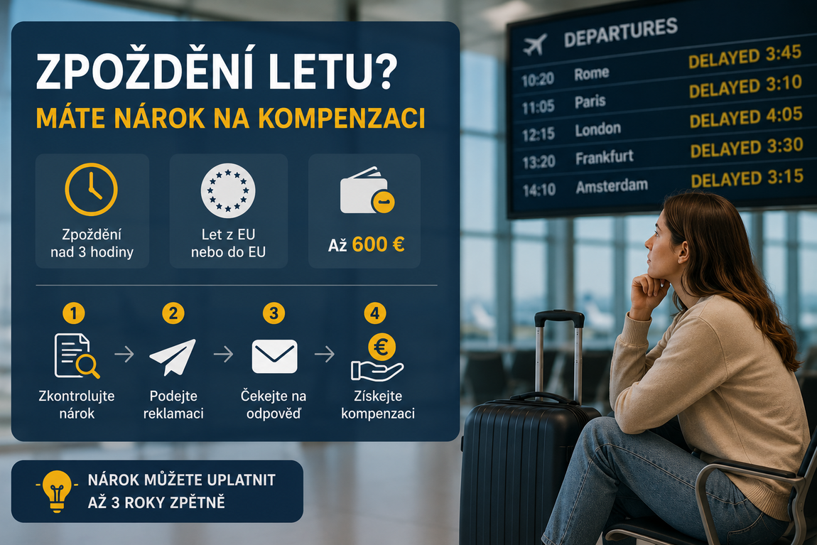 Nárok na kompenzaci až 600 € vzniká při zpoždění nad 3 hodiny u letů z EU nebo do EU.